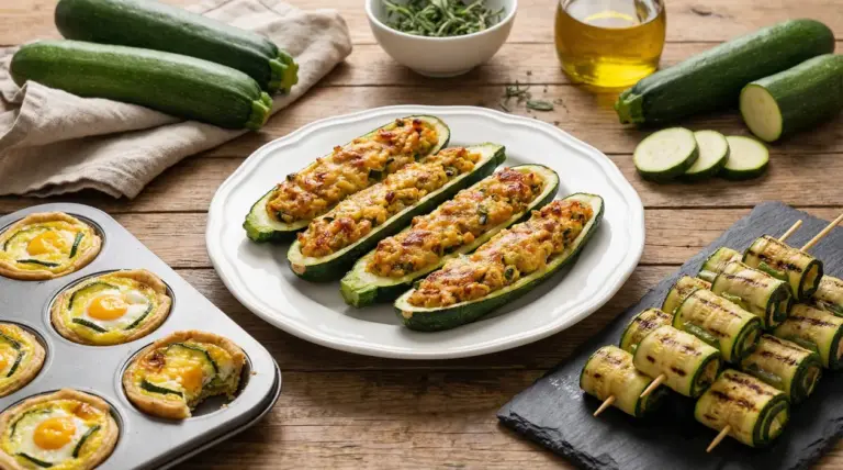 Tre ricette veloci con zucchine: zucchine ripiene, tortini salati e involtini grigliati su tavolo rustico