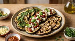 Piatto di melanzane grigliate con condimenti diversi: erbe, feta e pomodori secchi, pinoli e glassa balsamica