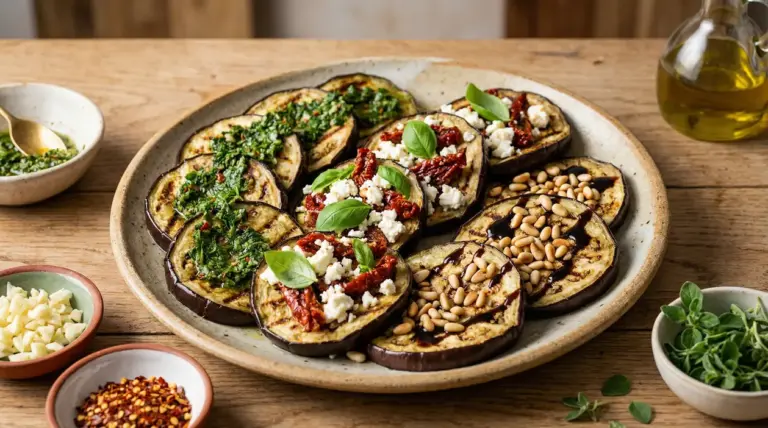 Piatto di melanzane grigliate con condimenti diversi: erbe, feta e pomodori secchi, pinoli e glassa balsamica