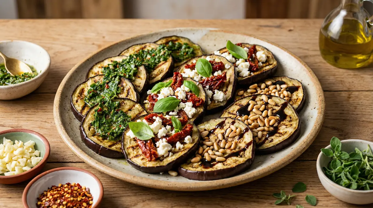 Piatto di melanzane grigliate con condimenti diversi: erbe, feta e pomodori secchi, pinoli e glassa balsamica
