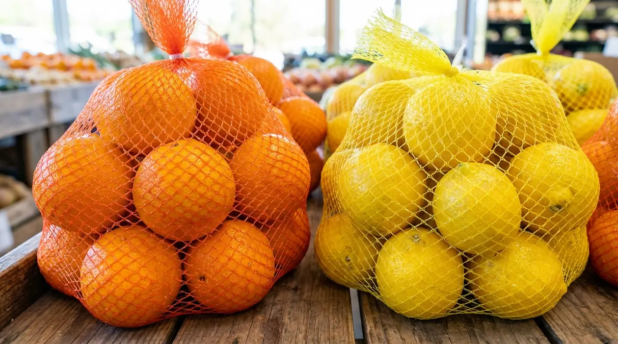 Rete arancione con arance e rete gialla con limoni esposte sul banco di un supermercato