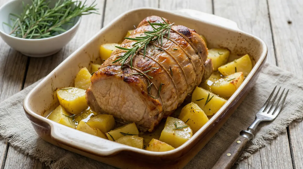 Arista di maiale al forno legata con rosmarino, cotta in teglia con patate a spicchi e fondo di cottura