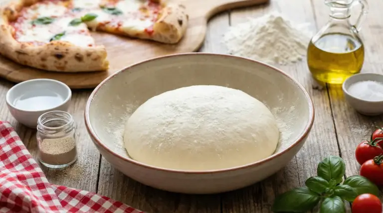Impasto per pizza in ciotola con farina, lievito e olio su tavolo di legno, con pizza margherita sullo sfondo