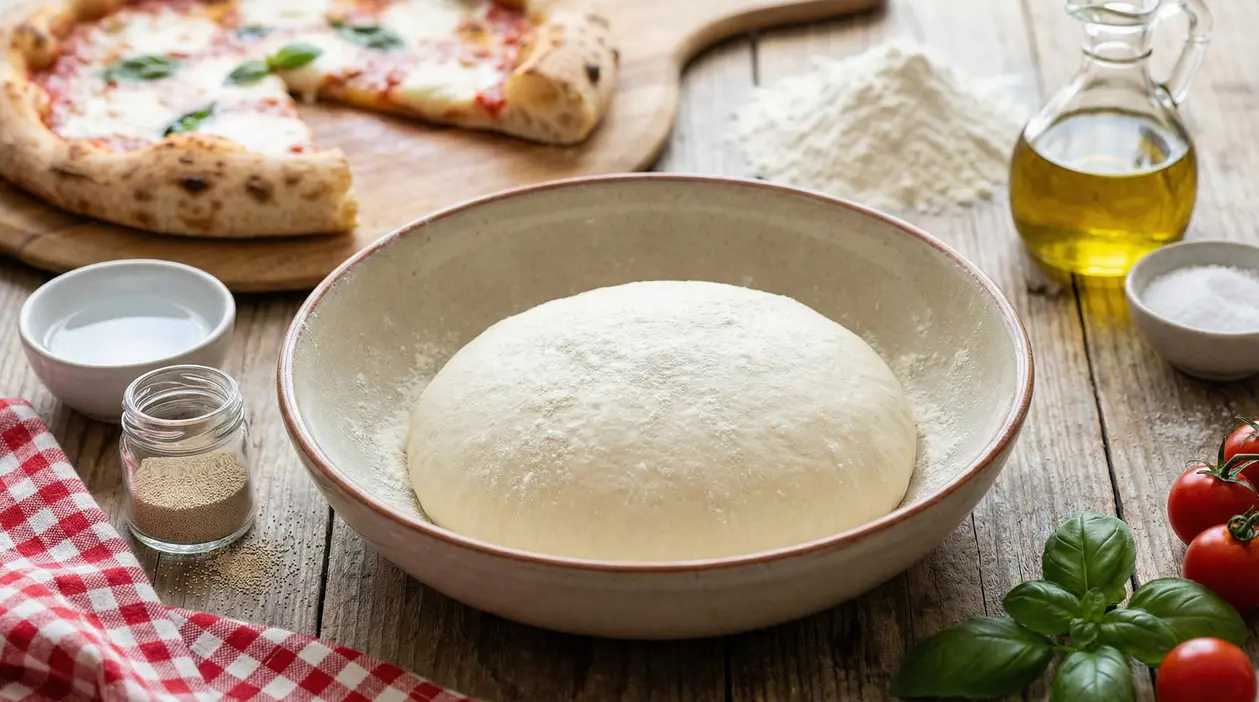 Impasto per pizza in ciotola con farina, lievito e olio su tavolo di legno, con pizza margherita sullo sfondo