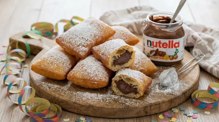 Bugie di Carnevale ripiene di Nutella, spolverate di zucchero a velo su tagliere di legno