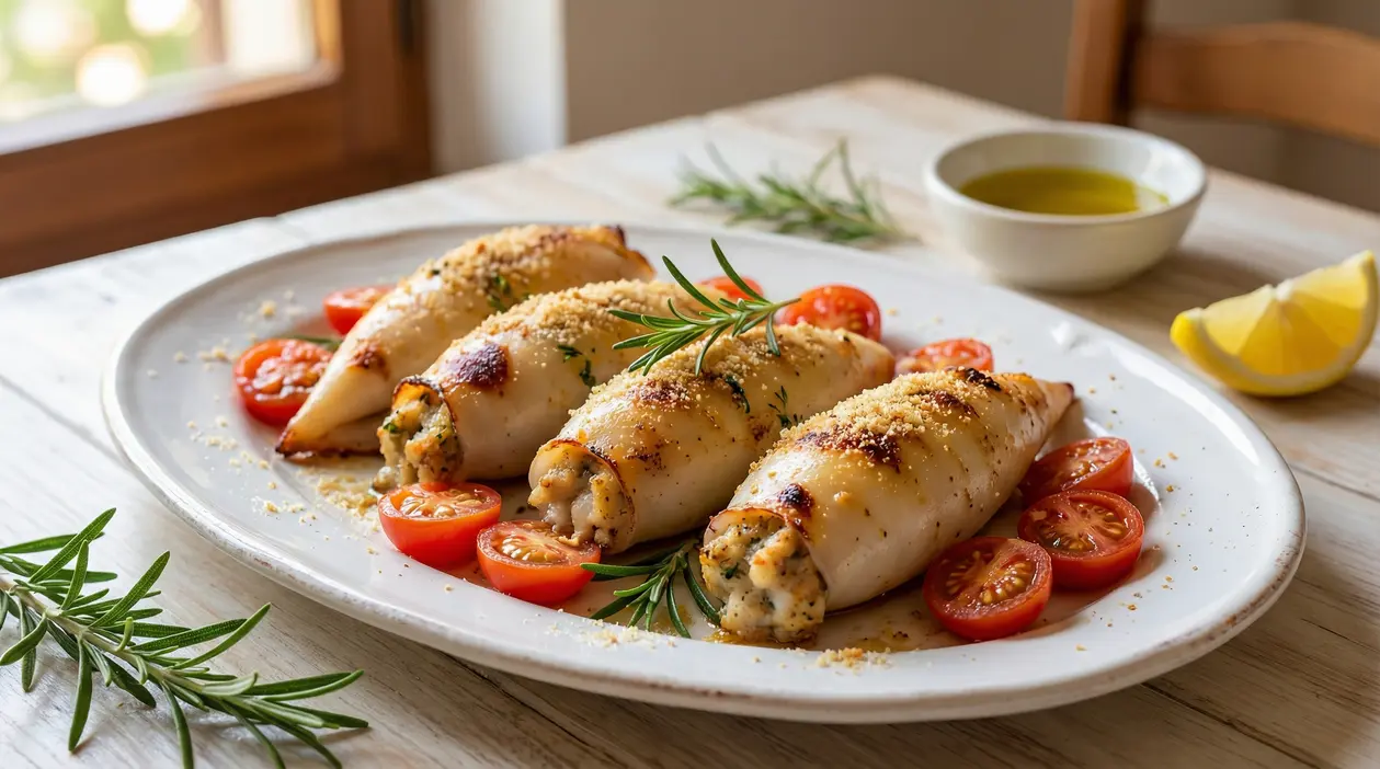 Calamari ripieni al forno su piatto bianco con pomodorini, rosmarino, limone e olio d’oliva