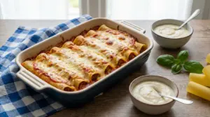 Cannelloni ripieni di carne al forno con besciamella e formaggio gratinati in teglia, con ciotoline di besciamella accanto