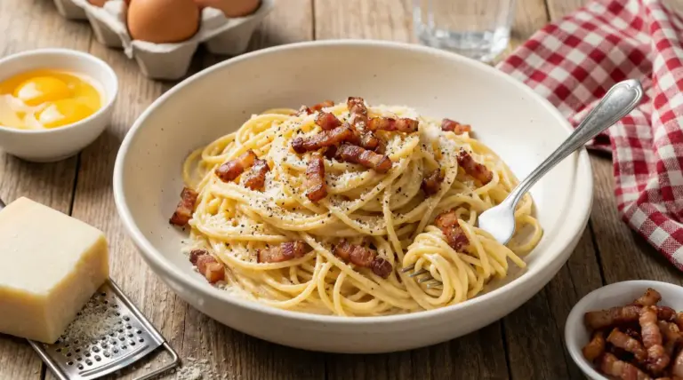Spaghetti alla carbonara cremosa con guanciale croccante, pecorino grattugiato e pepe nero in una ciotola