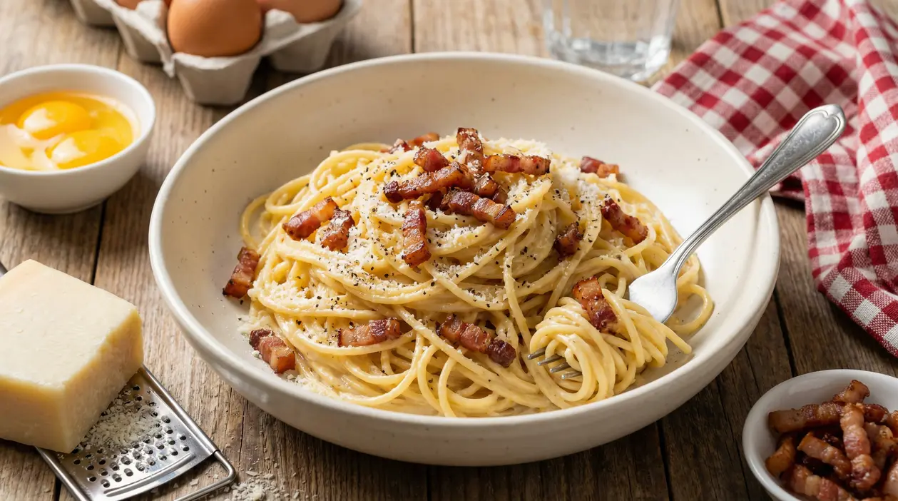 Spaghetti alla carbonara cremosa con guanciale croccante, pecorino grattugiato e pepe nero in una ciotola