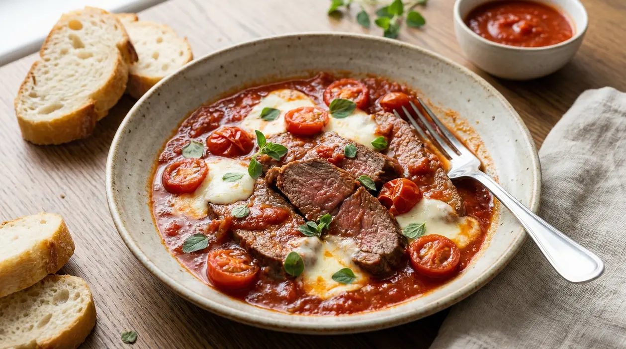 Carne alla pizzaiola con salsa di pomodoro, mozzarella fusa e pomodorini in una ciotola, con pane a fette