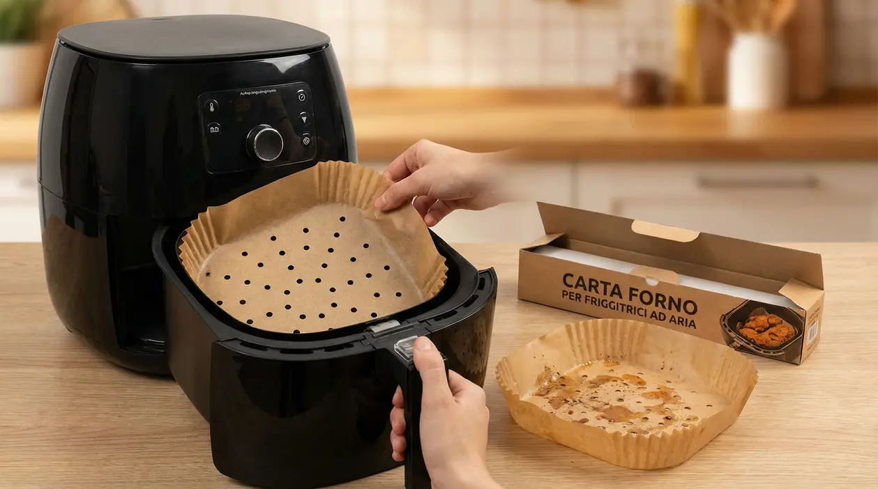 Cestello di friggitrice ad aria con carta forno traforata inserita, mano che la posiziona su un piano cucina
