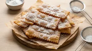 Chiacchiere di Carnevale croccanti spolverate di zucchero a velo su vassoio di legno con setaccio