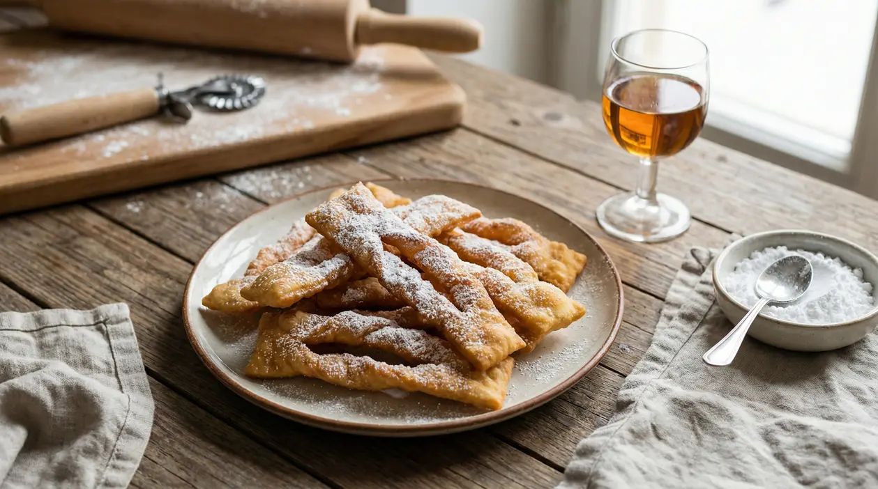 Piatto di chiacchiere fritte spolverate di zucchero a velo su tavolo rustico, con bicchiere di liquore e ciotola di zucchero