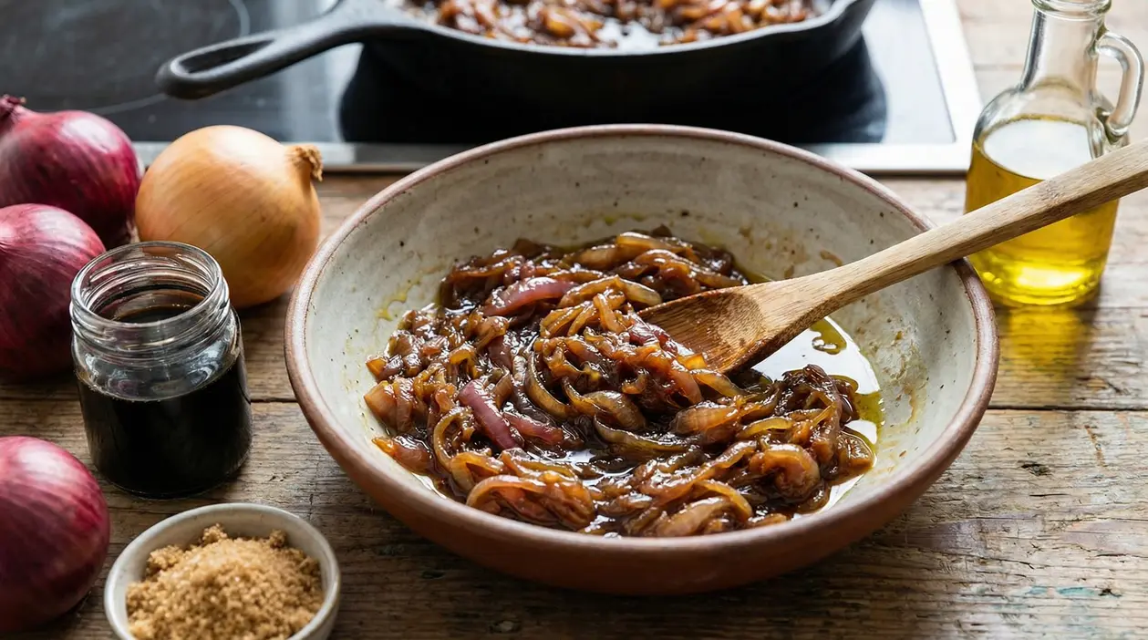 Ciotola di cipolle caramellate con cucchiaio di legno, olio e ingredienti su tavolo di cucina