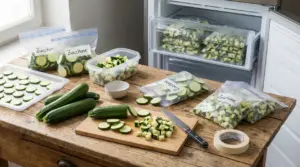 Zucchine tagliate e porzionate in sacchetti e contenitori, pronte per essere congelate nel freezer