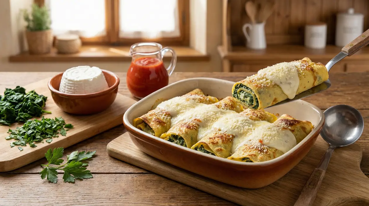 Crespelle al forno ripiene di spinaci e formaggio, gratinate con besciamella in teglia su tavolo di legno