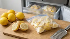 Limoni interi e tagliati su tagliere, con sacchetto di limoni a spicchi pronti da congelare nel freezer