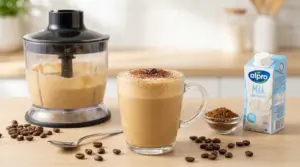 Tazza di crema al caffè montata nel frullatore, con caffè solubile e latte a basso contenuto calorico sul tavolo