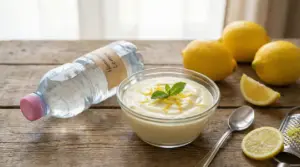 Ciotola di crema al limone con scorza e menta, accanto a limoni e una bottiglia d’acqua su tavolo di legno