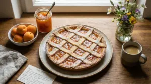 Crostata alla marmellata di albicocche su un tavolo rustico con albicocche fresche e caffè