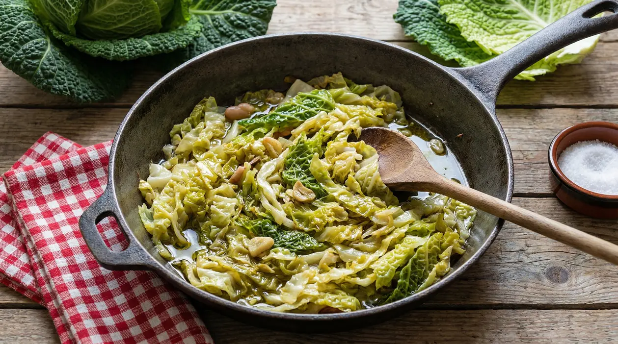 Padella con verza stufata in olio con aglio su tavolo rustico, con cucchiaio di legno e foglie di verza accanto