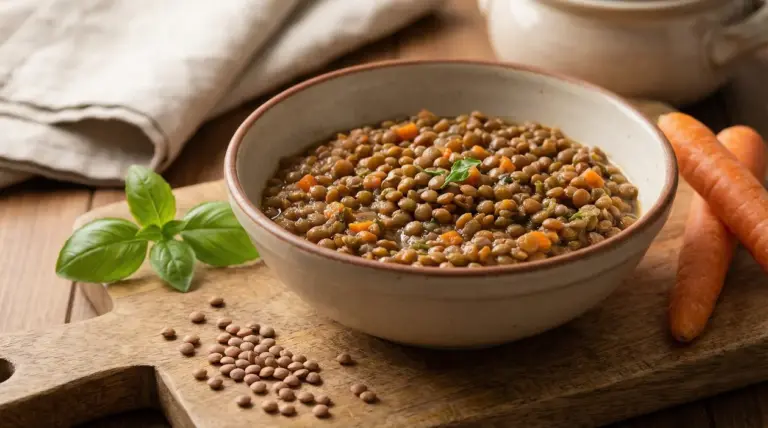 Ciotola di lenticchie cotte con carote e basilico su tagliere di legno, con lenticchie secche e carote a lato