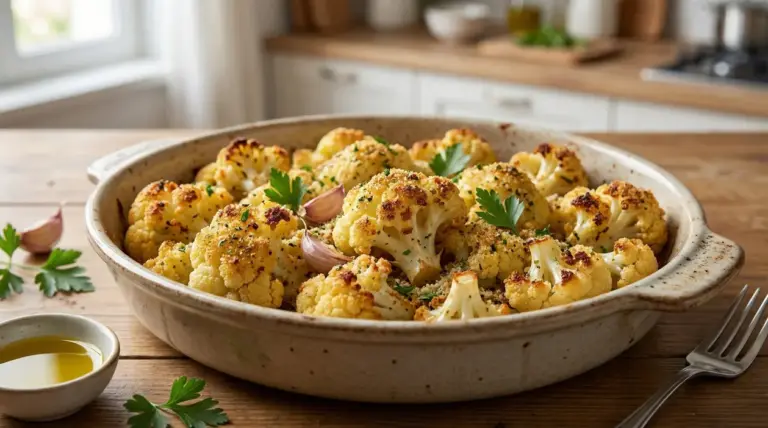 Cavolfiore al forno gratinato con pangrattato, prezzemolo e spicchi d’aglio in una pirofila