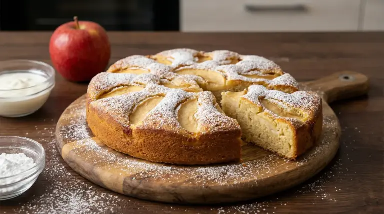 Torta di mele soffice con zucchero a velo su tagliere, con una fetta tagliata, mela e ciotola di yogurt sul tavolo