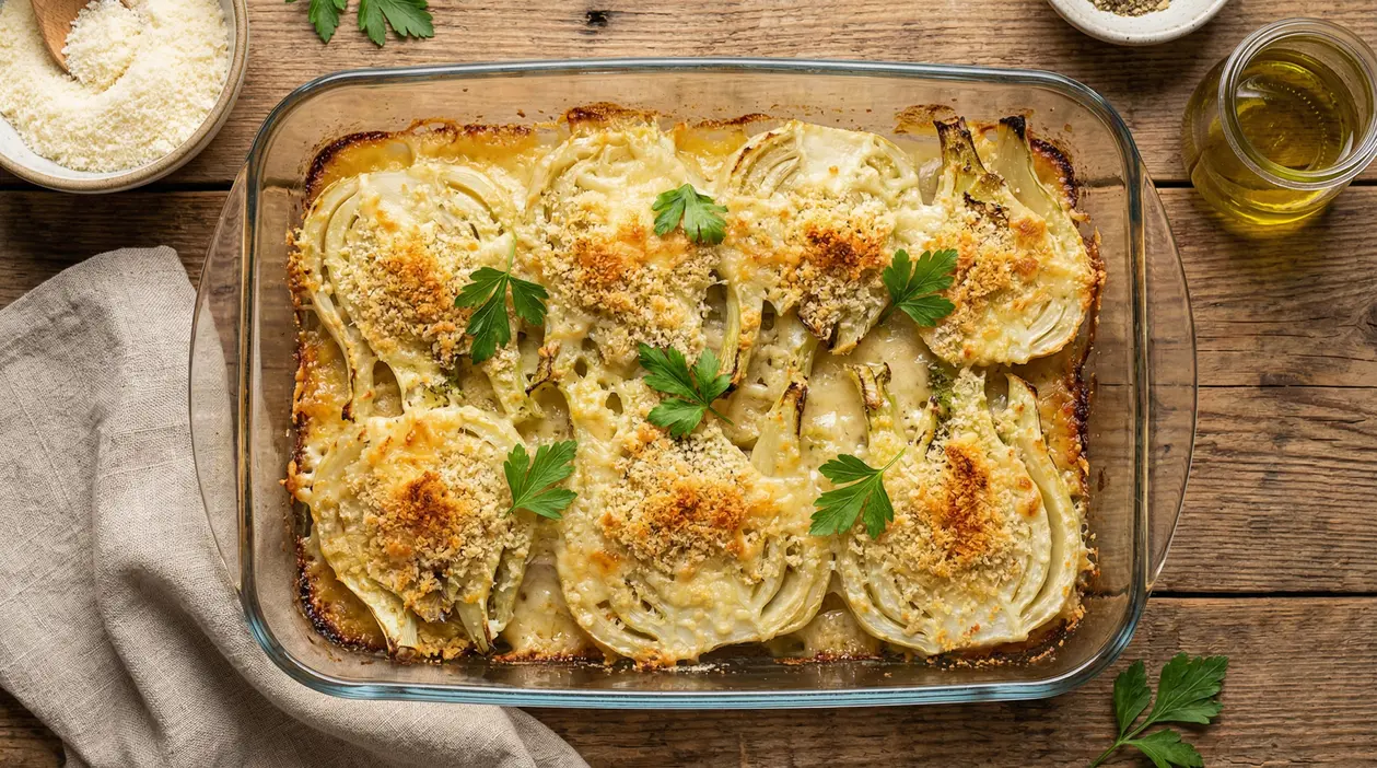 Finocchi al forno gratinati in teglia di vetro, con crosticina dorata e prezzemolo su tavolo in legno
