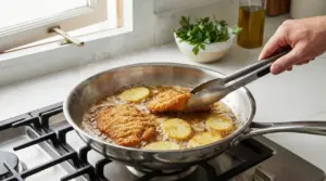 Cotoletta e patate che friggono in padella, una mano usa le pinze vicino a una finestra aperta