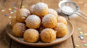 Frittelle di Carnevale gonfie e dorate spolverate di zucchero a velo su piatto, con setaccio sullo sfondo