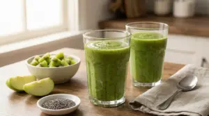 Due bicchieri di frullato verde con kiwi, mela e semi di chia su un tavolo, ideale a colazione