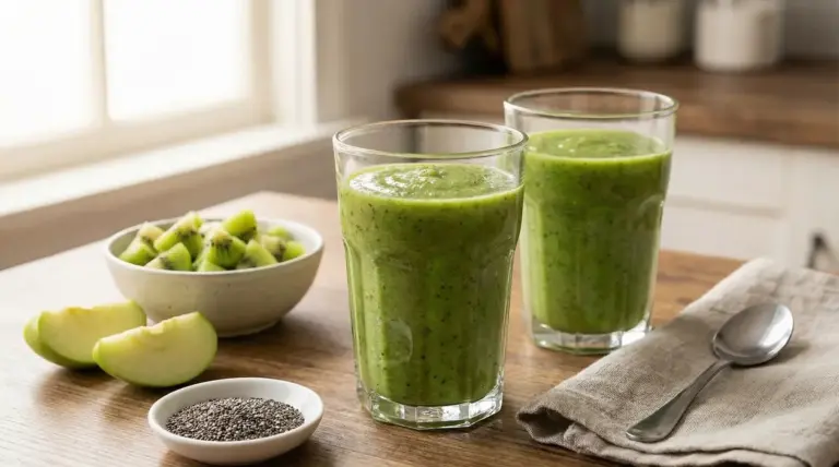 Due bicchieri di frullato verde con kiwi, mela e semi di chia su un tavolo, ideale a colazione