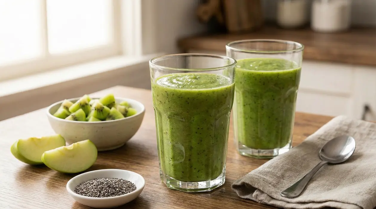 Due bicchieri di frullato verde con kiwi, mela e semi di chia su un tavolo, ideale a colazione
