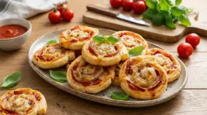 Girelle di pasta sfoglia salate con formaggio e salumi servite su un piatto, ideali per antipasti e buffet