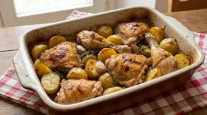 Teglia di pollo al forno con patate novelle, rosmarino e spicchi d’aglio su tovaglia a quadretti