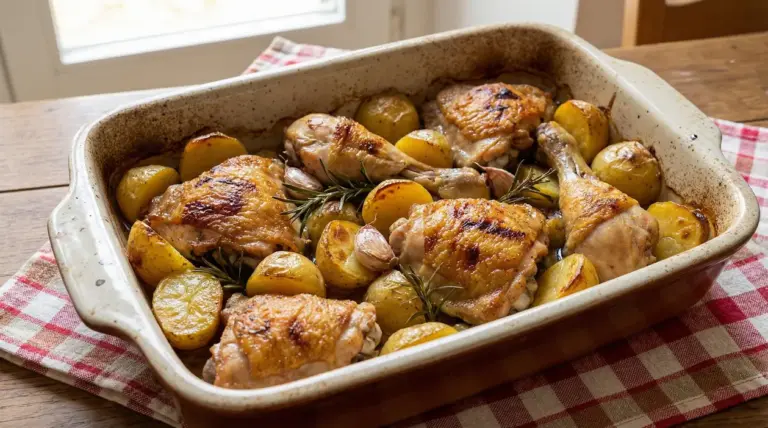 Teglia di pollo al forno con patate novelle, rosmarino e spicchi d’aglio su tovaglia a quadretti