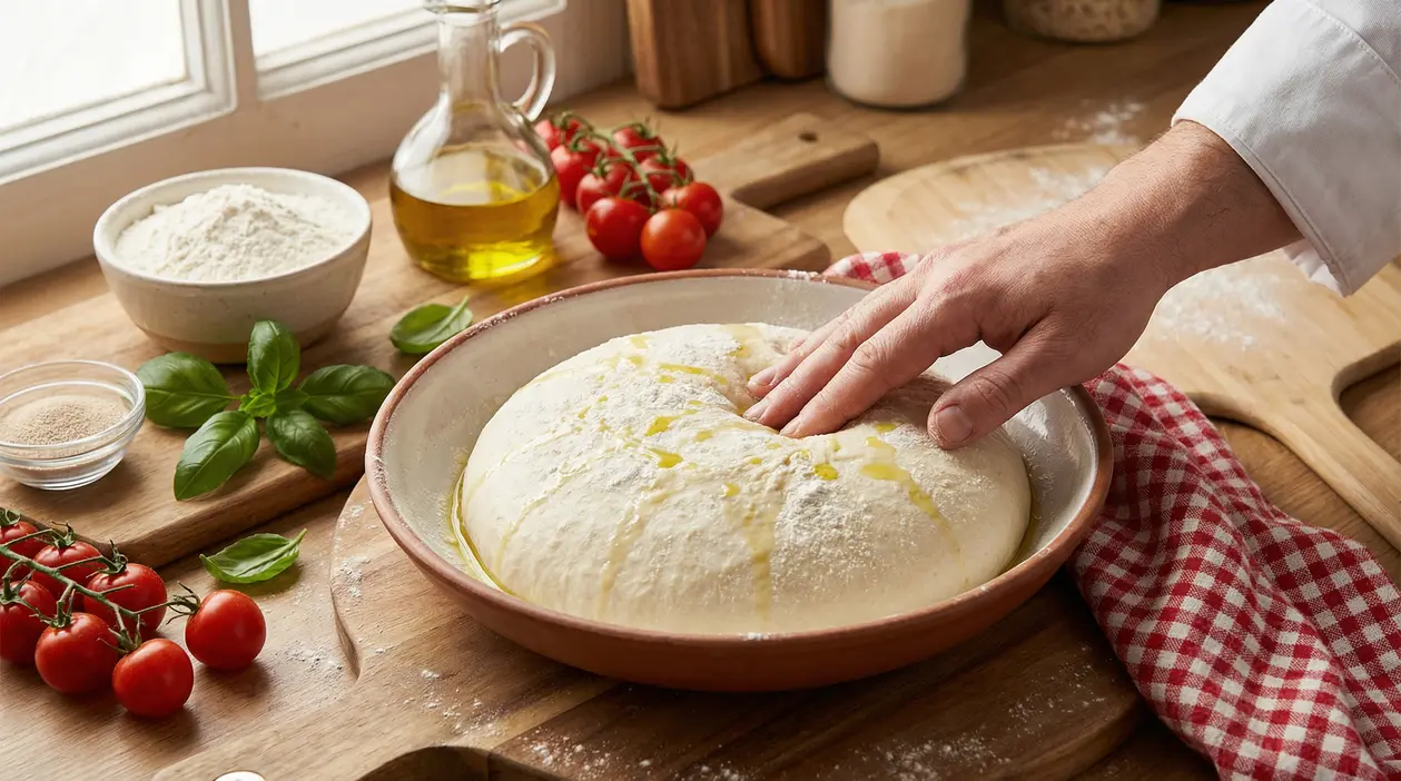 Mano che lavora un impasto per pizza soffice in ciotola, con farina, olio, basilico e pomodorini sul tavolo