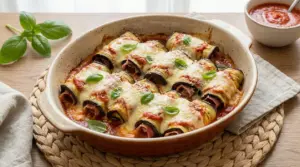 Involtini di melanzane al forno con prosciutto, formaggio fuso, salsa di pomodoro e basilico in teglia