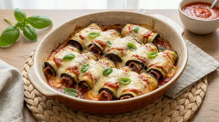 Involtini di melanzane al forno con prosciutto, formaggio fuso, salsa di pomodoro e basilico in teglia