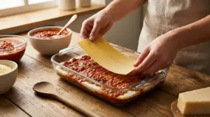 Mani che posano una sfoglia di lasagna in una pirofila di vetro con ragù e besciamella su tavolo di legno