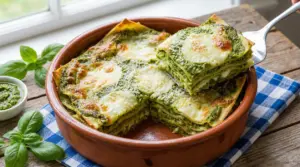 Lasagne al pesto con strati di pasta e formaggio fuso, servite in pirofila di terracotta con una porzione sollevata