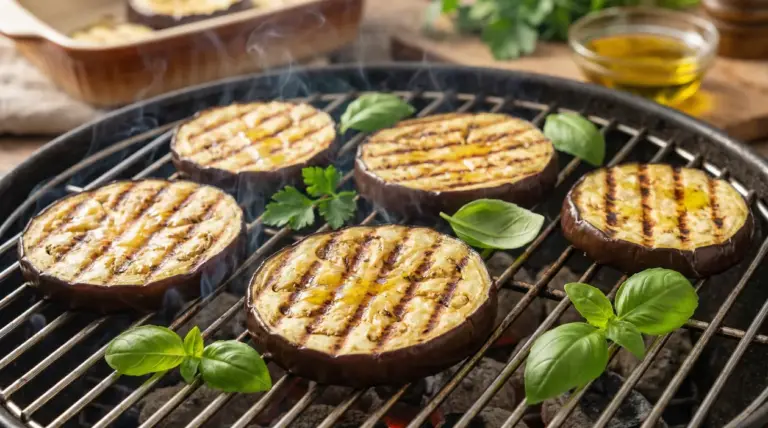 Fette di melanzane grigliate sulla griglia con olio e foglie di basilico, senza attaccarsi