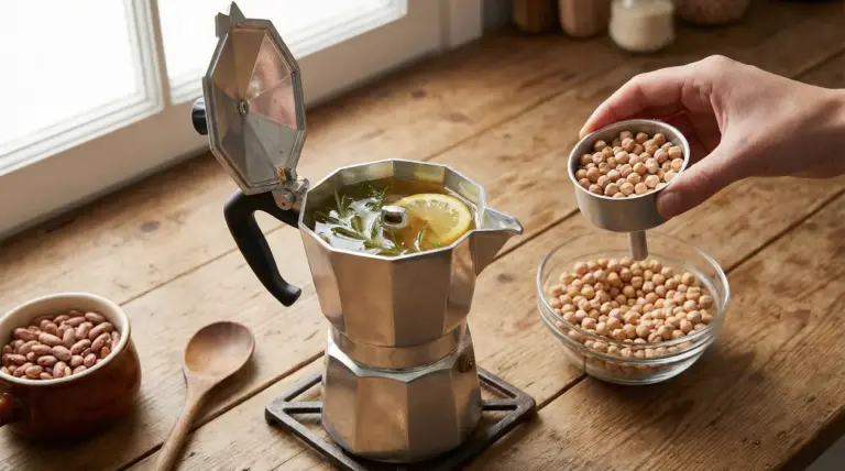 Caffettiera moka aperta usata per un infuso con limone ed erbe, accanto a ceci in una ciotola