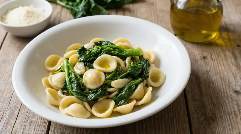 Piatto di orecchiette con cime di rapa, olio extravergine e aglio su tavolo rustico