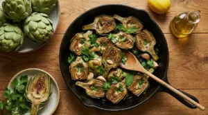Padellata di carciofi alla romanesca in padella con prezzemolo, aglio, limone e olio su tavolo di legno