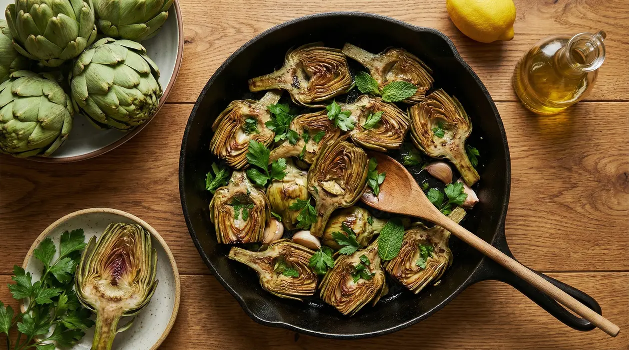 Padellata di carciofi alla romanesca in padella con prezzemolo, aglio, limone e olio su tavolo di legno