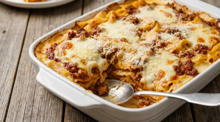 Pasta al forno con besciamella e ragù in teglia, con formaggio fuso e gratinato in superficie
