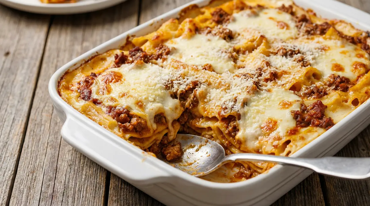 Pasta al forno con besciamella e ragù in teglia, con formaggio fuso e gratinato in superficie