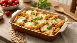 Pasta al forno veloce con rigatoni gratinati, mozzarella filante e basilico in pirofila su tavolo di legno